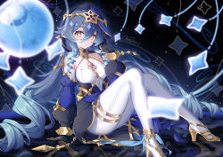 Rule 34 | 1girl, bare shoulders, black dress, black gloves, blue hair, blue hood, blue sleeves, breasts, bright pupils, claw ring, closed mouth, detached sleeves, dress, drill hair, drill sidelocks, full body, genshin impact, gloves, gold trim, hair between eyes, high heels, highres, hood, hood up, jewelry, juliet sleeves, knees up, layla (genshin impact), legs, long hair, long sleeves, looking at viewer, medium breasts, neck ring, orange eyes, pants, puffy sleeves, reflective floor, ringlets, sidelocks, sitting, sleeveless, sleeveless dress, smile, solo, thighlet, twin drills, very long hair, white pants, white pupils, yu e baba