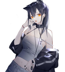 Rule 34 | 0 (znanimo), 1girl, arknights, bare shoulders, black collar, black hair, black jacket, bracelet, breasts, collar, collarbone, cow, dutch angle, ear piercing, extra ears, finger in own mouth, highres, jacket, jewelry, long hair, looking at viewer, midriff, navel, off shoulder, open clothes, open jacket, open mouth, orange eyes, pants, piercing, simple background, small breasts, solo, strap slip, tank top, texas (arknights), white background, white pants, white tank top