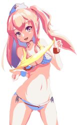 Rule 34 | 1girl, :d, absurdres, bikini, breasts, cleavage, clothes lift, gluteal fold, goddess of victory: nikke, heart collar, highres, long hair, looking at viewer, medium breasts, official alternate costume, open mouth, pepper (nikke), pepper (ocean vitamin) (nikke), pink eyes, pink hair, polka dot, polka dot bikini, red bikini, shironerigoma, shirt, shirt lift, side-tie bikini bottom, side ponytail, simple background, sleeveless, smile, solo, swimsuit, two-tone bikini, white background, white bikini, wrist cuffs, yellow shirt