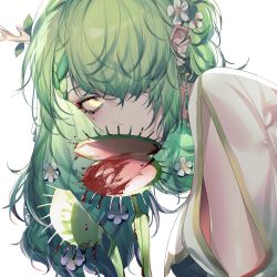 Rule 34 | 1girl, absurdres, antlers, arm cutout, blood, ceres fauna, commentary, covered mouth, english commentary, flower, green hair, hair behind ear, hair flower, hair ornament, hair over one eye, highres, hololive, hololive english, horns, long hair, looking at viewer, one eye covered, plant, solo, venus flytrap, virtual youtuber, white flower, yellow eyes, ysoroth