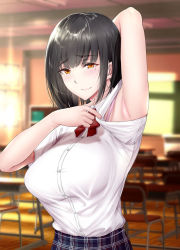 Rule 34 | 1girl, arm behind head, armpits, blue skirt, blurry, blurry background, bow, bowtie, bra, breasts, brown eyes, buttons, classroom, closed mouth, gentsuki, highres, indoors, large breasts, looking at viewer, mole, mole under eye, original, pink bra, plaid, plaid skirt, presenting armpit, red bow, red bowtie, school uniform, shirt, shirt tucked in, shirt tug, short hair, short sleeves, sidelocks, skirt, smile, solo, sunset, underwear, white shirt