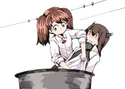 Rule 34 | 10s, 2girls, brown eyes, brown hair, bucket, cleaning, closed mouth, clothes pin, clothesline, collar, collared shirt, enjaku izuku, flat chest, headband, headgear, highres, kantai collection, long sleeves, looking down, magatama, multiple girls, no headwear, ryuujou (kancolle), shaded face, shirt, simple background, sleeves past elbows, sleeves pushed up, sleeves rolled up, solid oval eyes, taihou (kancolle), tareme, twintails, unamused, what, white background, white shirt, wing collar