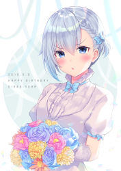 Rule 34 | 1girl, blue bow, blue eyes, blue flower, blue hair, blue rose, blush, bow, braid, breasts, brown flower, center frills, character name, commentary request, dated, dress, flower, frills, gyozanuko, hair between eyes, hair bow, happy birthday, highres, looking at viewer, one side up, parted lips, pink flower, pink rose, puffy short sleeves, puffy sleeves, rose, ryuuou no oshigoto!, short hair, short sleeves, small breasts, solo, sora ginko, upper body, white dress, yellow flower