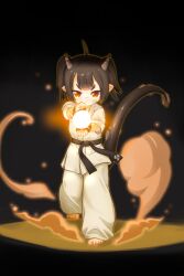 Rule 34 | 1girl, absurdres, ahoge, barefoot, belt, black background, black belt, black hair, casting spell, closed mouth, commentary request, dougi, dragon girl, dust, full body, glowing, highres, horns, kuma-bound, martial arts belt, medium hair, original, pants, red eyes, simple background, solo, standing, toes, twintails, v-shaped eyebrows, white pants