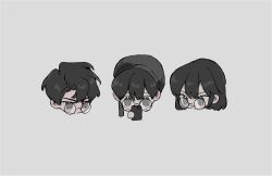 Rule 34 | 1girl, 2boys, black eyes, black hair, black headwear, cellphone, chibi, closed mouth, frown, glasses, grey background, han sooyoung, highres, holding, holding phone, kim dokja, light blush, looking at phone, multiple boys, omniscient reader&#039;s viewpoint, phone, serious, short hair, simple background, smartphone, smile, yjh lawyer, yoo joonghyuk