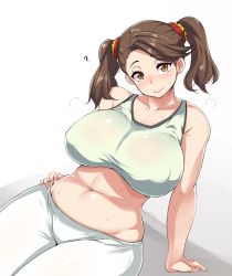 Rule 34 | 10s, 1girl, ?, arm support, blush, bra, breasts, brown eyes, brown hair, curvy, covered erect nipples, gundam, gundam build fighters, gundam build fighters try, hand on own hip, head tilt, highres, huge breasts, midriff, moisture (chichi), navel, pants, plump, sazaki kaoruko, solo, sports bra, thick thighs, thighs, underwear, wide hips
