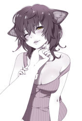 Rule 34 | 1girl, animal ears, arm grab, blush, breasts, cat ears, cleavage, fangs, fingernails, hand on another&#039;s chin, long fingernails, looking at viewer, mattaku mousuke, monochrome, one eye closed, original, out of frame, simple background, smile, spot color, strap slip, stroking another&#039;s chin, tank top, white background, yellow eyes