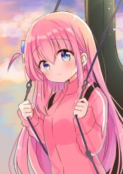 Rule 34 | 1girl, blue eyes, blush, bocchi the rock!, closed mouth, cube hair ornament, gotoh hitori, hair between eyes, hair ornament, highres, instrument case, jacket, long hair, long sleeves, looking at viewer, nanami ayane (kusunoki5050), one side up, pink hair, pink jacket, solo, track jacket, upper body
