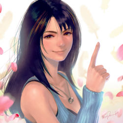 Rule 34 | 1girl, black bra, black hair, blue dress, bra, breasts, brown eyes, brown hair, chain, chain necklace, cleavage, dress, falling feathers, falling petals, feathers, final fantasy, final fantasy viii, hair between eyes, hand up, highres, jewelry, long hair, looking at viewer, medium breasts, multicolored hair, necklace, petals, pointing, rinoa heartilly, signature, sleeveless, sleeveless dress, smile, solo, streaked hair, tdsuke, underwear, upper body