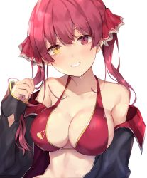 Rule 34 | 1girl, bare shoulders, bikini, black coat, breasts, cleavage, coat, grin, hair ribbon, halterneck, hand up, heterochromia, highres, hololive, houshou marine, houshou marine (summer), large breasts, long hair, long sleeves, looking at viewer, off shoulder, open clothes, open coat, red bikini, red eyes, red hair, ribbon, simple background, smile, solo, swimsuit, tnk319, twintails, upper body, virtual youtuber, white background, yellow eyes