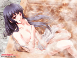 Rule 34 | 1girl, 2006, barefoot, bath, blue hair, blush, breast hold, breasts, covering privates, covering breasts, feet, galge.com, kuraki hiro, long hair, medium breasts, nipples, nude, nude cover, open mouth, red eyes, sitting, solo, steam, towel, very long hair, wallpaper, water