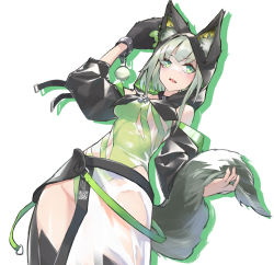 Rule 34 | 1girl, animal ear fluff, animal ears, animal hands, aoi lavender, arknights, bare shoulders, belt, black thighhighs, blush, breasts, cat ears, collar, contrapposto, cowboy shot, cross, detached sleeves, dutch angle, ears through headwear, from below, gloves, green eyes, green leotard, groin, halloween costume, hand up, highleg, highleg leotard, highres, holding tail, hood, hood up, kal&#039;tsit (arknights), leotard, leotard under clothes, looking away, material growth, medium breasts, oripathy lesion (arknights), paw gloves, qr code, sarong, see-through, short hair, short hair with long locks, simple background, solo, tail, thighhighs, white background