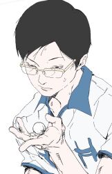 Rule 34 | 1boy, ball, bcowuq, black eyes, black hair, closed mouth, collared shirt, glasses, half-closed eyes, hand up, holding, holding ball, jaggy lines, looking at object, male focus, nose, ping pong (manga), polo shirt, shirt, short hair, simple background, solo, sportswear, spot color, sweat, table tennis ball, tsukimoto makoto, upper body, very short hair, white background