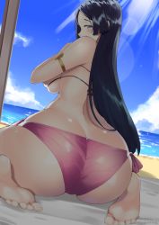 Rule 34 | 1girl, 714 (leg200kr), ass, bad id, bad pixiv id, barefoot, beach, bikini, black hair, blue eyes, breasts, commentary request, day, fate (series), feet, from behind, hime cut, huge ass, large breasts, lens flare, long hair, looking at viewer, looking back, minamoto no raikou (fate), narrow waist, outdoors, pink bikini, purple hair, sand, shadow, side-tie bikini bottom, signature, soles, solo, swimsuit, toes, umbrella, water, wide hips