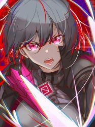 Rule 34 | 1girl, absurdres, breasts, commentary request, glowing, grey hair, grey jacket, hair between eyes, highres, honkai (series), honkai impact 3rd, jacket, looking at viewer, medium breasts, multicolored hair, open clothes, open jacket, open mouth, purple eyes, raven (honkai impact), red hair, solo, streaked hair, upper body, v-shaped eyebrows, wu hai (artist)