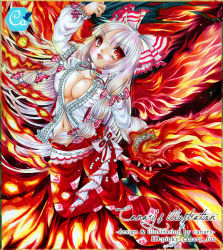Rule 34 | 1girl, :d, adapted costume, arm up, artist name, blush, bow, breasts, canary (artist), choker, cleavage, covered erect nipples, fire, fire, flying, fujiwara no mokou, hair bow, holding, holding clothes, large breasts, lips, logo, long hair, long sleeves, looking at viewer, marker (medium), navel, night, night sky, open hand, open mouth, pants, red eyes, shoes, sky, smile, solo, star (sky), starry sky, stomach, tongue, touhou, traditional media, very long hair