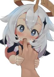Rule 34 | 1boy, 1girl, blue eyes, blush, cropped torso, dot nose, drooling, finger in another&#039;s mouth, finger sucking, genshin impact, hair ornament, halo, looking at viewer, open mouth, paimon (genshin impact), saliva, tareme, tongue, tongue out, tottotonero