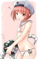 Rule 34 | 1girl, 1other, abyssal ship, anchor, bikini, brown eyes, brown hair, commentary request, enemy naval mine (kancolle), flat chest, hat, kantai collection, looking at viewer, lowleg, lowleg bikini, micro bikini, one-hour drawing challenge, ray.s, sailor bikini, sailor collar, sailor hat, short hair, standing, swimsuit, teeth, tentacles, white bikini, white headwear, z3 max schultz (kancolle)