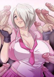 Rule 34 | 1girl, 6+boys, angel (kof), breasts, butcha-u, censored, covered erect nipples, cum, cum in mouth, fingerless gloves, gloves, group sex, hair over one eye, hetero, huge breasts, licking lips, multiple boys, naughty face, oral, penis, school uniform, serafuku, snk, solo focus, surrounded by penises, the king of fighters, tongue, tongue out