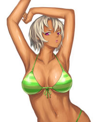 Rule 34 | 1girl, armpits, arms up, bad id, bad pixiv id, bikini, breasts, cleavage, dark-skinned female, dark skin, front-tie top, goemon23, green bikini, highres, large breasts, looking at viewer, navel, original, parted lips, pink eyes, short hair, solo, swimsuit, white background, white hair