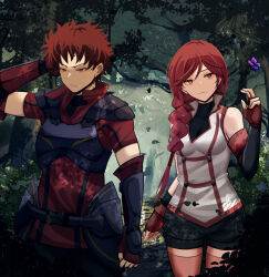 Rule 34 | 1boy, 1girl, arairev, armor, braid, breasts, bug, butterfly, couple, fingerless gloves, forest, gauntlets, gloves, hai to gensou no grimgar, highres, insect, large breasts, long hair, nature, ranta (grimgar), red eyes, red hair, short hair, shorts, shoulder armor, smile, thighhighs, yume (grimgar)