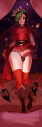Rule 34 | 1girl, chinese clothes, clothes, flat chest, futanari, green eyes, highres, jinx (league of legends), lagalamel, league of legends, looking at viewer, navel, penis, smile, solo, solo focus, tattoo