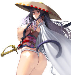 Rule 34 | 1girl, animal ears, ass, breasts, cat ears, cat tail, commentary, fundoshi, highres, huge breasts, japanese clothes, katana, kouno (masao), long hair, looking at viewer, looking to the side, nipples, original, parted lips, red eyes, revision, samurai, simple background, solo, sword, tail, thighs, very long hair, weapon, white background