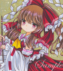 Rule 34 | 1girl, ascot, blush, bow, brown hair, detached sleeves, dot nose, frilled bow, frilled shirt, frilled shirt collar, frilled sleeves, frills, gohei, hair bow, hair tubes, hakurei reimu, holding, long hair, long sleeves, looking at viewer, marker (medium), nontraditional miko, ponytail, red bow, red eyes, red shirt, red skirt, ribbon-trimmed sleeves, ribbon trim, rui (sugar3), sample watermark, shikishi, shirt, sidelocks, skirt, sleeveless, sleeveless shirt, solo, standing, touhou, traditional media, upper body, watermark, white sleeves, yellow ascot