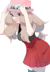 Rule 34 | 1girl, absurdres, blush, brown hair, closed mouth, commentary request, creatures (company), eyewear on headwear, game freak, grey eyes, hands on headwear, hat, high-waist skirt, highres, leaning forward, long hair, nintendo, pink hat, pokemon, pokemon xy, red skirt, serena (pokemon), shirt, skirt, sleeveless, sleeveless shirt, solo, sunglasses, sweatdrop, thighhighs, todo (wthmw), white-framed eyewear, white background
