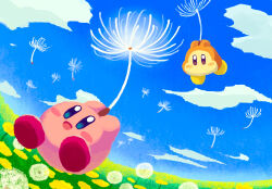 Rule 34 | aruco co, blue sky, blush stickers, cloud, colored skin, commentary request, dandelion, dandelion seed, field, flower, flower field, highres, kirby, kirby (series), nintendo, no humans, open mouth, pink skin, sky, smile, solid oval eyes, waddle dee