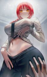 Rule 34 | 1girl, @ @, absurdres, black necktie, black pants, braid, braided ponytail, breasts, buttons, chainsaw man, closed mouth, han seol, highres, large breasts, long hair, long sleeves, looking at viewer, makima (chainsaw man), navel, necktie, pants, pov, red hair, shirt, smile, solo focus, stomach, white shirt, yellow eyes