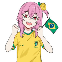 Rule 34 | 1girl, 2022 fifa world cup, absurdres, brazilian flag, clenched hands, flag, flower, hair between eyes, hair flower, hair ornament, head tilt, highres, holding, holding flag, karassawa, nijisanji, nijisanji en, nike (company), open mouth, portuguese commentary, red eyes, rosemi lovelock, shirt, smile, solo, upper body, virtual youtuber, white background, world cup, yellow flower, yellow shirt