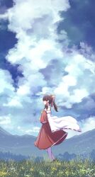 Rule 34 | 1girl, ascot, bare shoulders, bow, brown hair, buruxugi, day, detached sleeves, from side, full body, hair bow, hair tubes, hakurei reimu, highres, japanese clothes, long hair, nontraditional miko, outdoors, ponytail, profile, red bow, red skirt, ribbon-trimmed sleeves, ribbon trim, sidelocks, skirt, solo, standing, touhou, white sleeves, wide sleeves, yellow ascot
