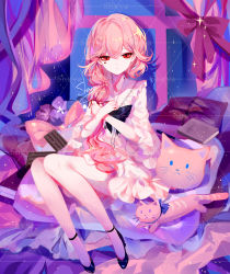 Rule 34 | 1girl, artist name, bad id, bad pixiv id, black footwear, commentary, dress, frilled shirt collar, frills, hair between eyes, high heels, highres, indoors, long hair, looking at viewer, original, pillow, pink hair, pumps, red eyes, sheya, shoes, short dress, signature, sitting, solo, stuffed animal, stuffed cat, stuffed toy, symbol-only commentary, white dress