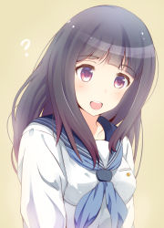 Rule 34 | 1girl, black hair, black sailor collar, blue neckerchief, blunt bangs, chitanda eru, hyouka, kamiyama high school uniform (hyouka), long hair, neckerchief, open mouth, purple eyes, sailor collar, school uniform, serafuku, smile, solo, sylux, upper body