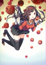 Rule 34 | 1girl, :o, animal ears, apple, black hair, black thighhighs, blush, bow, bowtie, chromatic aberration, food, fruit, h2so4, hairband, loafers, long hair, long sleeves, open mouth, original, red eyes, school uniform, shoes, skirt, solo, thighhighs, zettai ryouiki