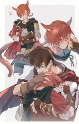 Rule 34 | 2boys, adventurer (ff14), animal ears, black pants, black scarf, blue eyes, blush, border, braid, braided ponytail, brown gloves, brown hair, cape, cat boy, cat ears, cat tail, closed eyes, comforting, commentary, cropped legs, cropped torso, elbow gloves, embarrassed, english commentary, facial mark, final fantasy, final fantasy xiv, fingerless gloves, from side, g&#039;raha tia, gloves, grey background, grey shirt, hair ornament, hair over one eye, hand on another&#039;s back, hand on another&#039;s face, hand on another&#039;s head, head on chest, highres, hug, hyur, jacket, jewelry, male focus, mid.m, miqo&#039;te, multiple boys, multiple views, neck tattoo, outside border, pants, pendant, red cape, red eyes, red hair, red jacket, scarf, shirt, short hair, short ponytail, shoulder belt, simple background, single braid, squiggle, standing, swept bangs, tail, tattoo, warrior of light (ff14), white border, x hair ornament, yaoi