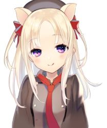 Rule 34 | 1girl, 723 (tobi), animal ears, beret, black jacket, blonde hair, bow, brown hat, closed mouth, hair bow, hat, jacket, long hair, long sleeves, pig ears, purple eyes, red neckwear, simple background, sinoalice, smile, solo, three little pigs (sinoalice), tongue, tongue out, white background
