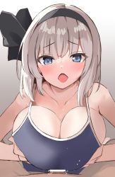 Rule 34 | 1boy, 1girl, :o, alternate breast size, alternate costume, bar censor, bare shoulders, black hairband, blue eyes, blue one-piece swimsuit, blush, breasts, censored, cleavage, collarbone, commentary request, eyelashes, furrowed brow, gradient background, grey background, hairband, highres, kamukamu (ars), konpaku youmu, large breasts, looking at viewer, one-piece swimsuit, open mouth, paizuri, paizuri under clothes, penis, pov, short hair, sidelocks, silver hair, simple background, sweat, swimsuit, touhou