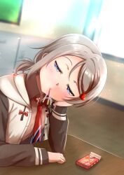 Rule 34 | 1girl, blue eyes, brown hair, classroom, eating, facing viewer, food, hair ornament, highres, looking at viewer, love live!, love live! sunshine!!, necktie, pocky, ponnu (nikeytina), ponytail, short hair, solo, watanabe you