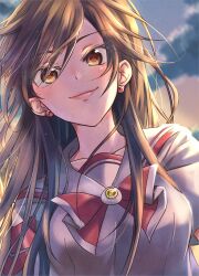 Rule 34 | 1girl, akira ferrari, aria (manga), blurry, blurry background, bow, bowtie, breasts, brown eyes, brown hair, closed mouth, cloud, cloudy sky, collarbone, depth of field, earrings, eyelashes, hair over one eye, highres, himeya company uniform, jewelry, long hair, looking at viewer, medium breasts, nabana yuna, outdoors, parted bangs, red bow, red bowtie, sailor collar, short sleeves, sky, solo, sparkle, swept bangs, upper body