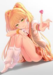 Rule 34 | 1girl, ass, bare legs, blonde hair, blunt bangs, blush, bracelet, breasts, collarbone, collared shirt, full body, green eyes, grey background, heart, highres, idolmaster, idolmaster cinderella girls, jewelry, jougasaki rika, legs, long hair, looking at viewer, loose socks, multicolored scrunchie, neck ribbon, no shoes, orange skirt, outstretched arm, parted lips, plaid, plaid skirt, pom pom (clothes), reaching, red ribbon, ribbon, scrunchie, shirt, simple background, sitting, skirt, small breasts, smile, socks, solo, sticker, thighs, tsurime, two side up, vest, white socks, yapo (croquis side)