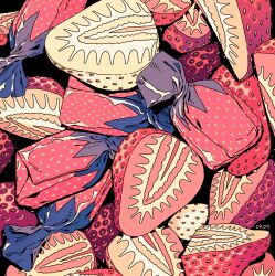 analogous_colors berry black_background candy cel_shading choo dessert food food_focus food_print fruit highres no_humans original red_theme seed signature still_life strawberry strawberry_bon_bon strawberry_print strawberry_slice twisted white_strawberry wrapped_candy