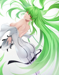 Rule 34 | 1girl, absurdres, ass, bare shoulders, bodysuit, breasts, c.c., closed mouth, code geass, dintea, dutch angle, feet out of frame, green hair, highres, lipstick, long hair, long sleeves, makeup, medium breasts, no bra, off shoulder, open bodysuit, open clothes, pink lips, sideboob, simple background, skin tight, smile, solo, standing, very long hair, white background, white bodysuit, yellow eyes