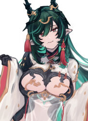 Rule 34 | 1girl, absurdres, black gloves, black hair, breast cutout, breasts, cleavage, cleavage cutout, clothing cutout, colored inner hair, detached sleeves, dragon girl, dragon horns, draph, dress, gloves, gradient hair, granblue fantasy, green eyes, green hair, hair ornament, highres, horn ornament, horns, inoryyy000, large breasts, leotard, long hair, looking at viewer, mole, mole under mouth, multicolored eyes, multicolored hair, navel cutout, payila (granblue fantasy), pelvic curtain, pointy ears, red eyes, see-through, see-through dress, solo, stomach cutout, tassel, tassel hair ornament, two-tone eyes, two-tone hair, very long hair, white background