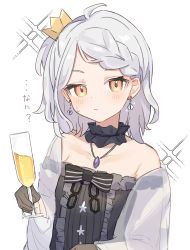 Rule 34 | 1girl, absurdres, black bow, black choker, black dress, black gloves, bow, braid, champagne flute, choker, crown, cup, dress, drinking glass, earrings, gloves, highres, holding, holding cup, hololive, jewelry, looking at viewer, murasaki shion, murasaki shion (gothic lolita), necklace, off-shoulder dress, off shoulder, oisiimizu, orange eyes, portrait, short hair, solo, sparkle, virtual youtuber, white background