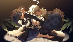 Rule 34 | 2girls, absurdres, ahoge, arknights, asymmetrical docking, barefoot, black coat, black dress, black headwear, blazblue, blonde hair, blue dress, blush, braid, breast press, breasts, breasts out, brown background, character name, cipozhong yundepeitela, closed eyes, coat, couch, dress, durin (arknights), es (xblaze), french kiss, frilled dress, frills, from side, gradient background, highres, holding hands, hug, id card, interlocked fingers, kiss, large breasts, layered dress, light particles, long hair, long sleeves, medium breasts, multiple girls, naked coat, no bra, on couch, open clothes, open coat, outstretched arm, plant, profile, saliva, single braid, sitting, wariza, xblaze, yuri