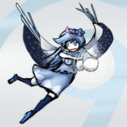 Rule 34 | circled 9, 1girl, arm cannon, blue eyes, blue hair, cape, cirno, flower, fusion, hair flower, hair ornament, if they mated, long hair, matching hair/eyes, reiuji utsuho, solo, thighhighs, touhou, tren, weapon, wings