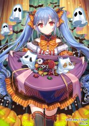 Rule 34 | 1girl, bat (animal), bat wings, blue hair, candy, cat, copyright name, food, ghost, ghost costume, hair ornament, hair ribbon, halloween, halloween costume, hat, kitten, lolita fashion, looking at viewer, pumpkin, red eyes, ribbon, sid story, sila (carpen), solo, striped ribbon, thighhighs, twintails, wings, witch hat, yellow ribbon