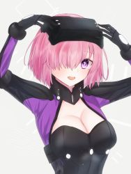 Rule 34 | 1girl, :d, black gloves, blush, breasts, cleavage, fate/grand order, fate (series), gloves, grey background, hair over one eye, harukappa, highres, large breasts, looking at viewer, mash kyrielight, mash kyrielight (ortenaus), open mouth, pink hair, purple eyes, short hair, shrug (clothing), smile, solo, upper body